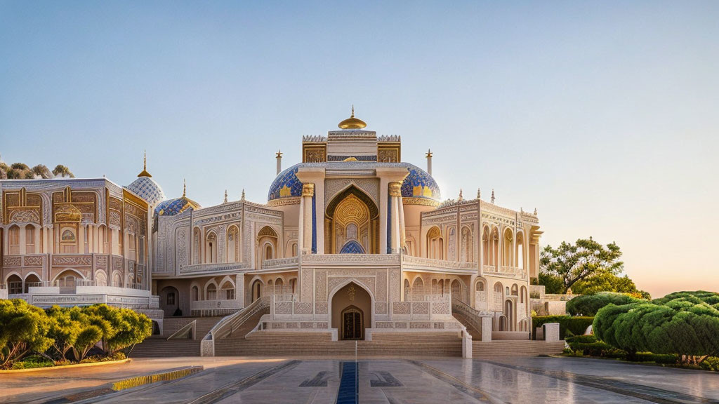 Ornate Building with Domes Against Blue Sky and Green Landscape