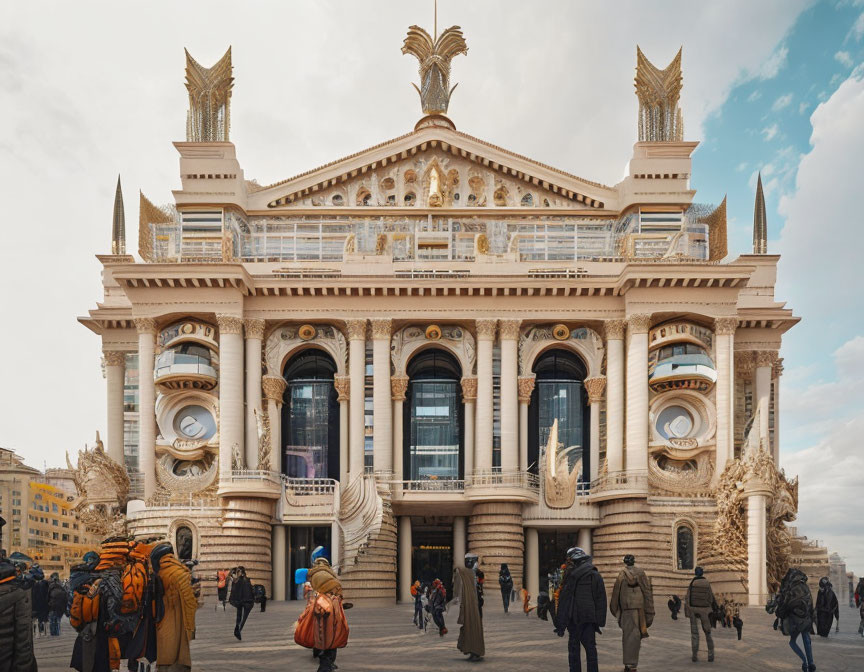 Grand neoclassical building adorned with sculptures and golden accents, filled with visitors on a cloudy day