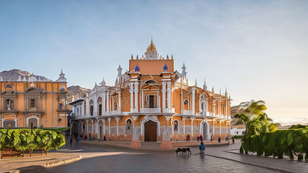 Ornate white and orange historic church in colonial setting