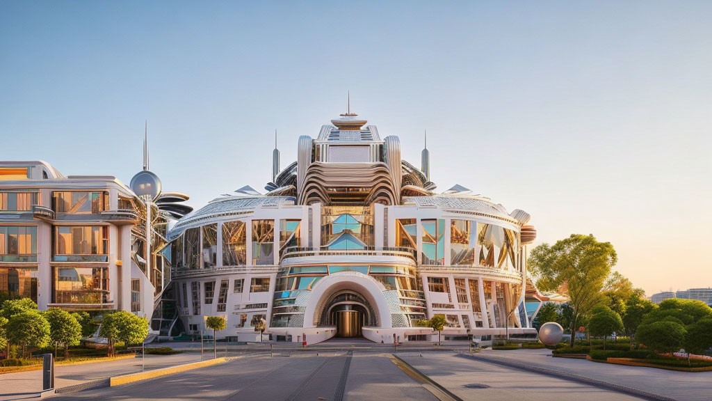 Futuristic building with white web-like structures and metallic details under clear blue sky