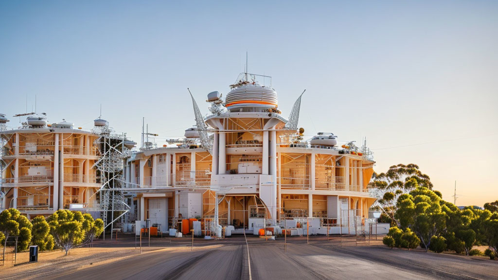 Modern industrial facility with multiple levels and satellite dishes against a clear sky at golden hour, accessed by a