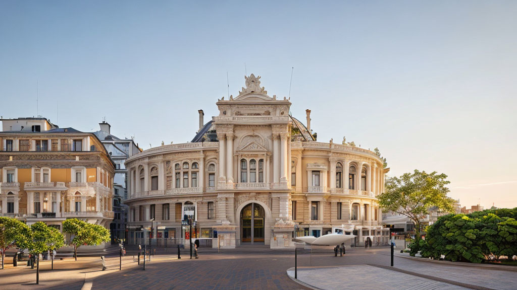 Ornate historic building with classical architecture and sculptures in urban square