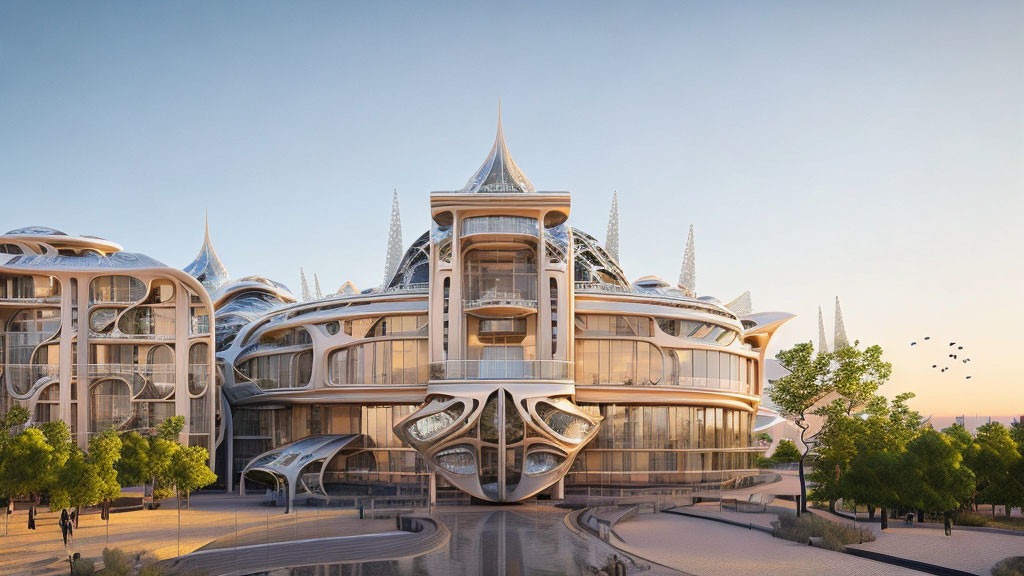 Organic Design Futuristic Building with Swooping Curves and Spire