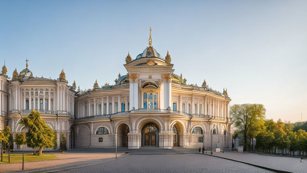 Neoclassical building with grand entrance and ornate details at sunset