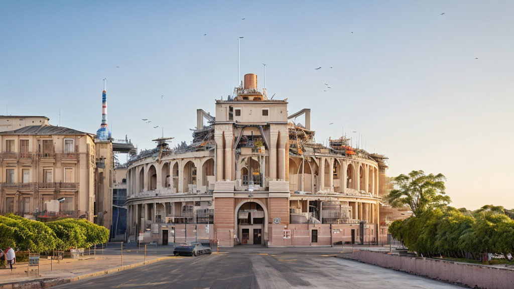 Historical building renovation with scaffolding, birds flying, pedestrians nearby