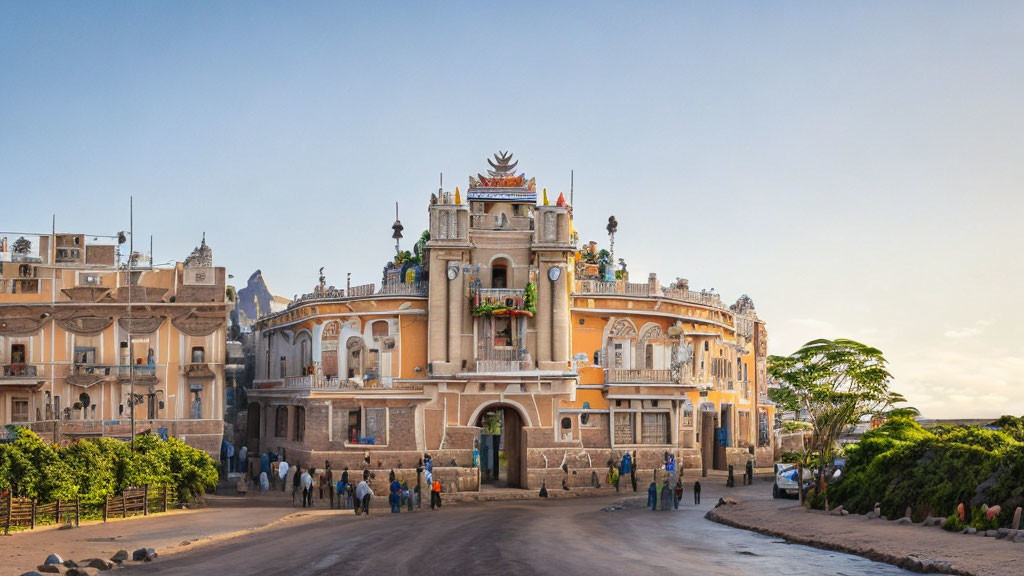 Historic building with statues and decorative architecture under clear sky