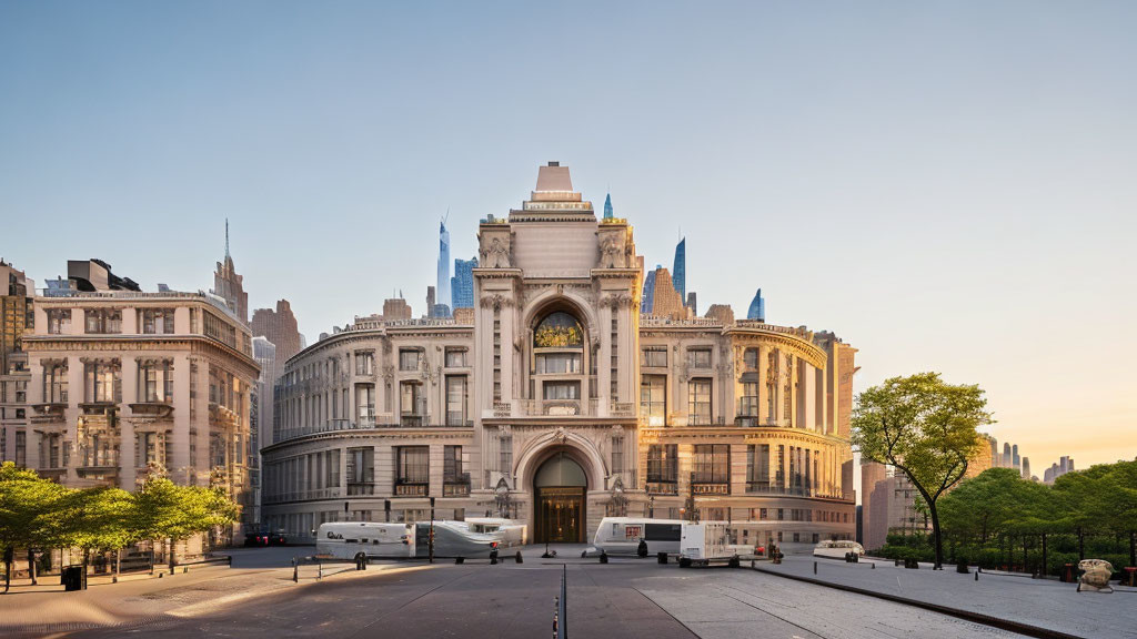 Historic building with archway, trees, and skyscrapers at golden hour