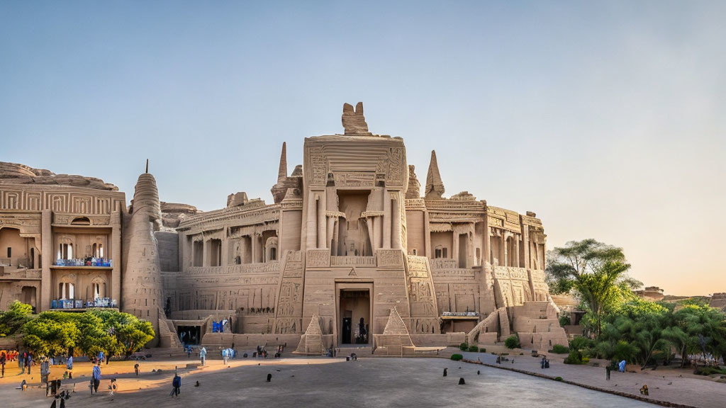 Ancient temple with towering carved entrance and statues at dusk