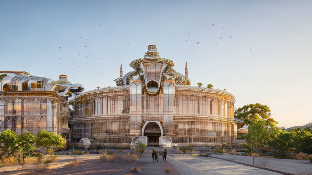 Modern building with glass domes, intricate design, trees, people, and birds.