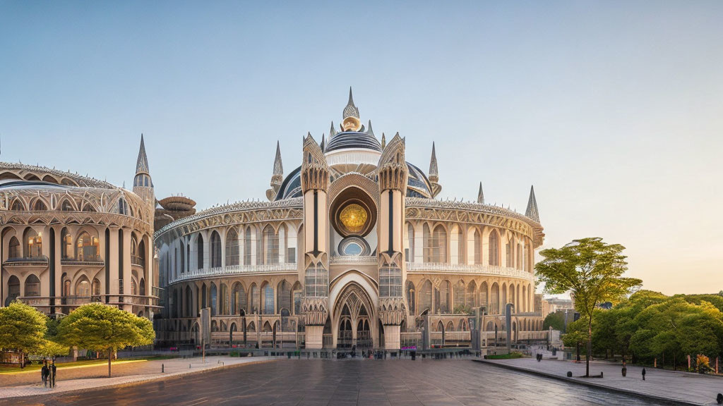 Gothic-style building with arched windows and central dome at dusk or dawn