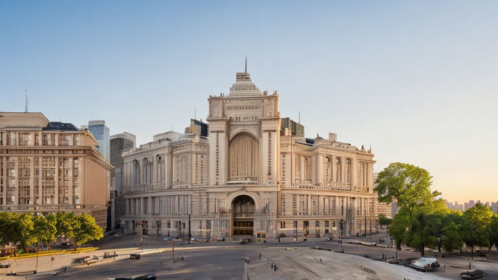 Classical-style building with modern skyscrapers in a cityscape at dawn or dusk