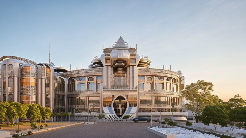 Futuristic building with central dome and cylindrical towers