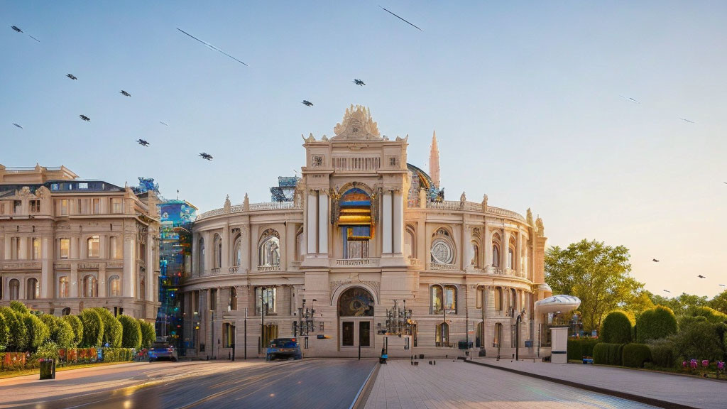 Historic ornate building with blue sky, birds, greenery, and quiet street