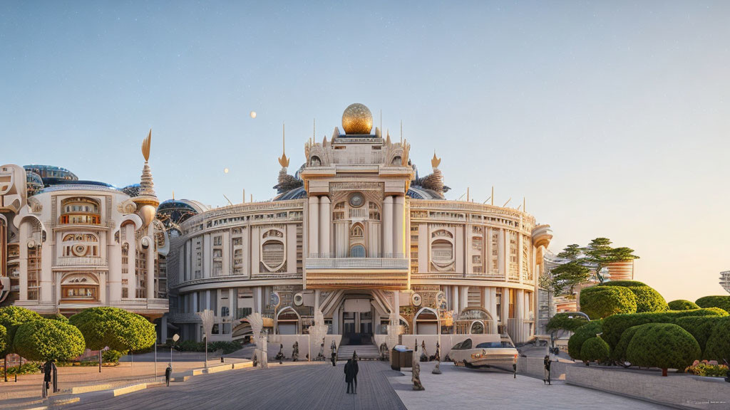 Opulent building with gold dome, columns, and wing-like structures at dusk