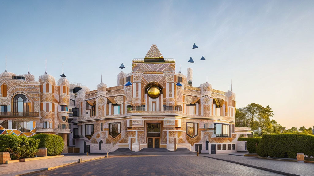 Modern building with geometric designs and gold accents under clear sky with minimalist birds.