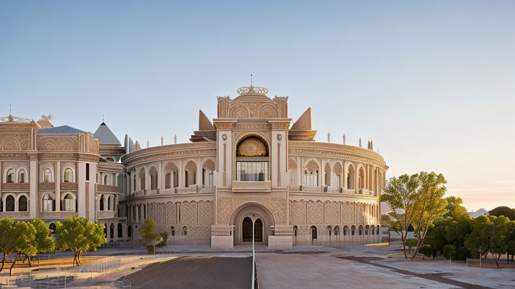 Ornate Building with Arches and Clock at Dusk