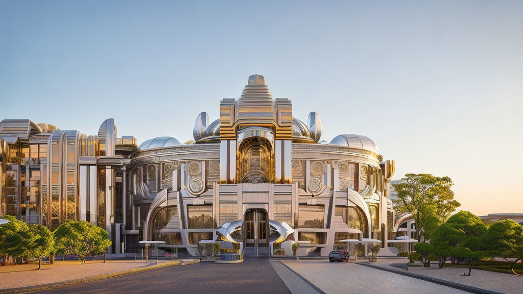 Symmetrical Art Deco Building with Central Tower and Modern Glass Structures