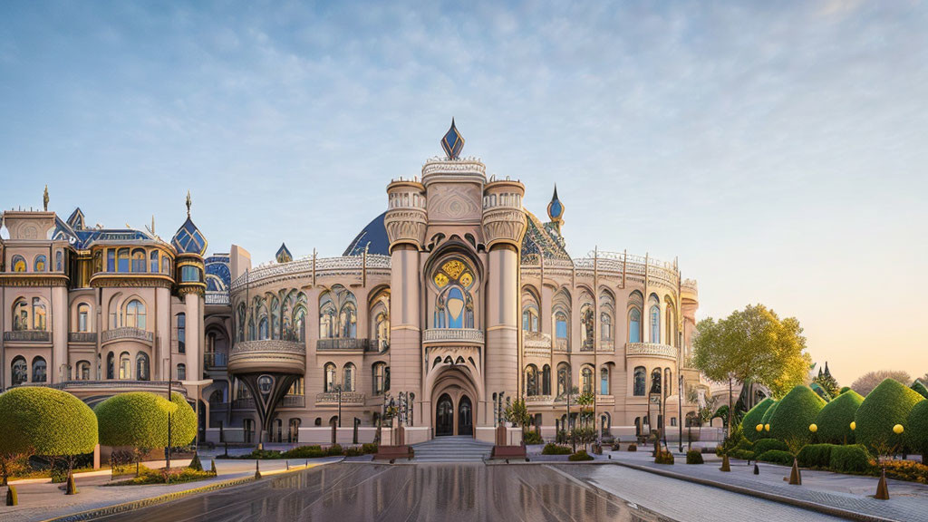 Luxurious palace with domes and arches in meticulously landscaped gardens