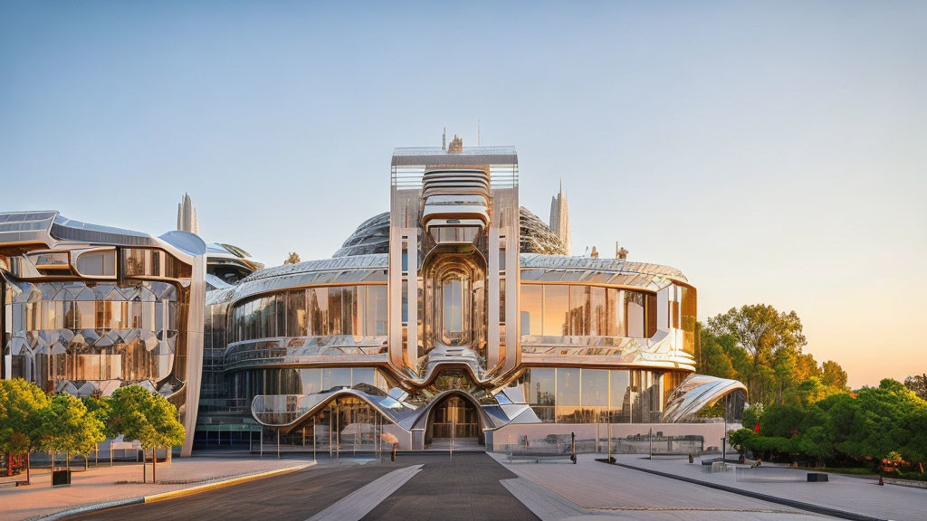 Reflective futuristic building at sunrise/sunset