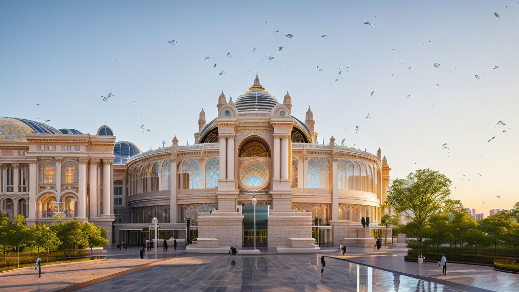 Palace with domes and arches at twilight with people and birds