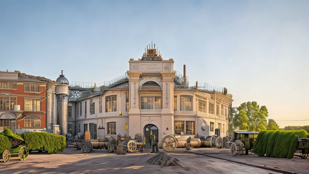 Vintage Industrial Complex with Classical Architecture and Old Machinery Displayed Outdoors