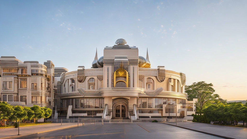 Neoclassical building with central dome and golden arch entrance at sunset