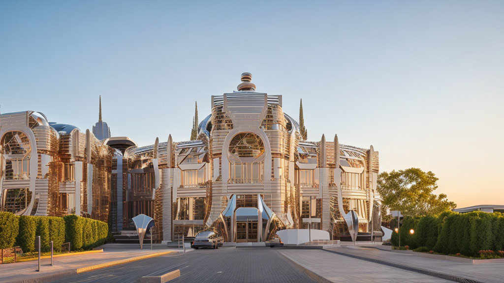 Futuristic architecture with metallic structures and domes at sunset