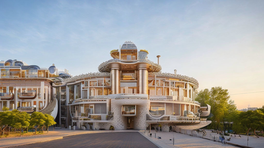 Opulent modern building with rounded balconies and domed structures