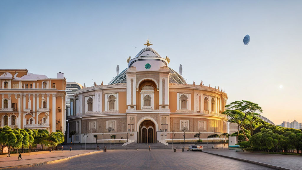 Grand dome building with arched entryways under clear sky at sunrise or sunset