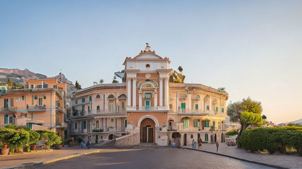 Historical Building with Arched Entrances in Town Square at Sunset