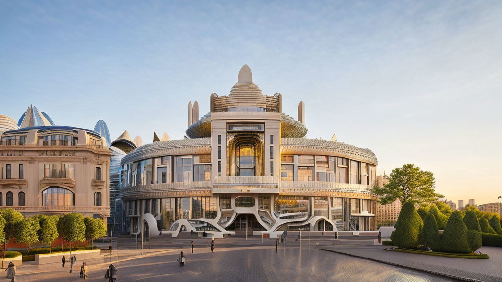 Unique modern architectural building with central dome amidst traditional structures under clear sky