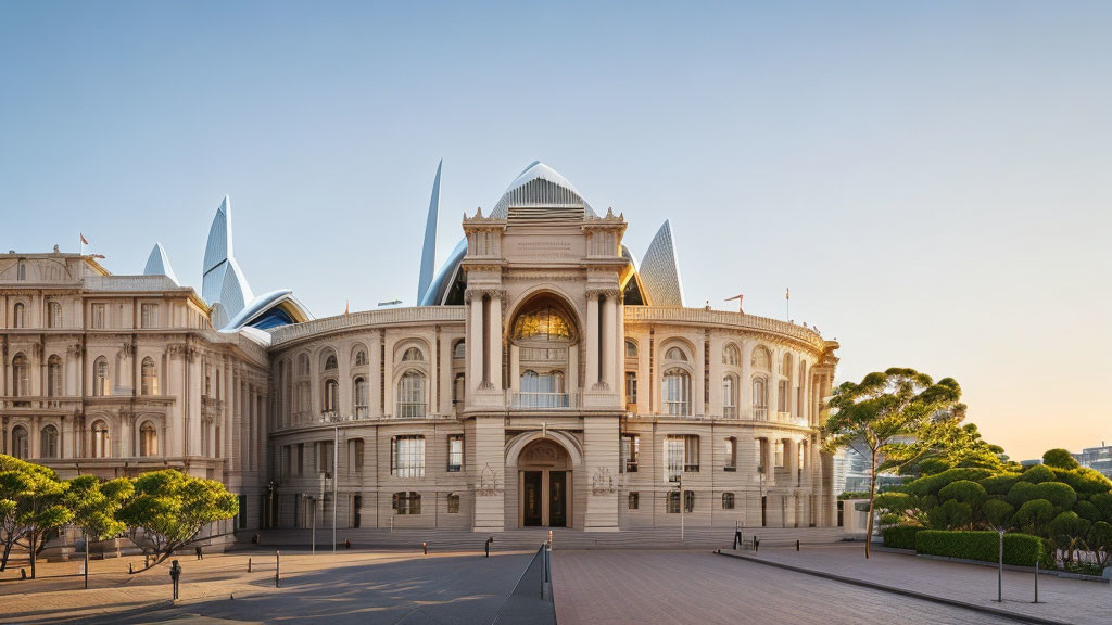 Classic-style building with central dome and modern glass extensions in evening light.