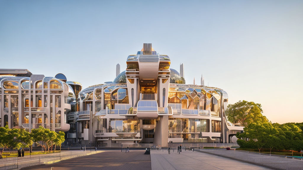 Circular architecture terraces on futuristic building at dusk