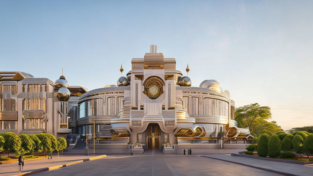 Ornate Art Deco Building with Clock and Spherical Domes