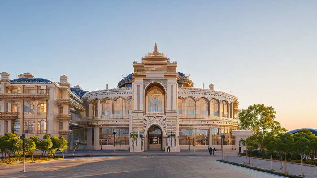 Traditional architecture with central archway against clear golden-hour sky