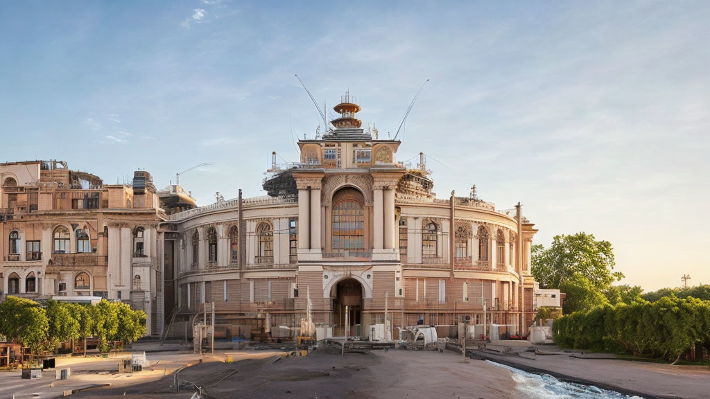 Neoclassical building with ornate decorations and construction materials under clear sky