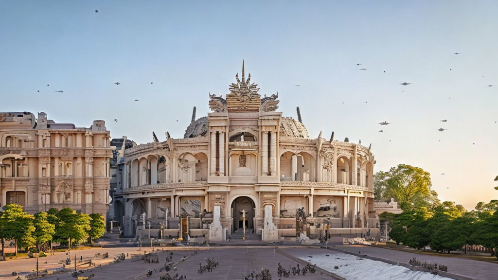 Traditional White Building Surrounded by Classic Structures under Clear Sky