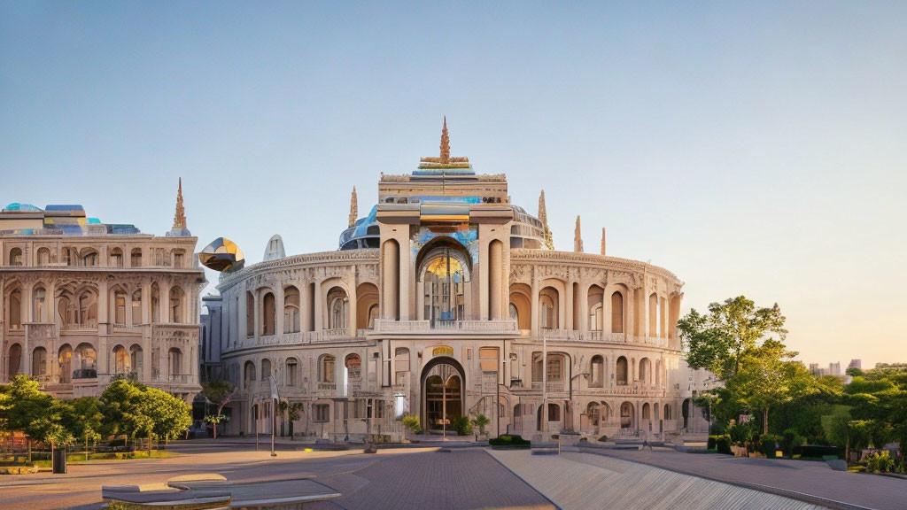 Opulent building with arched doorways and domes in a manicured outdoor setting