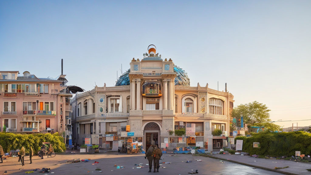 Ornate Building with Crescent Moon Sculpture Surrounded by Modern Architecture