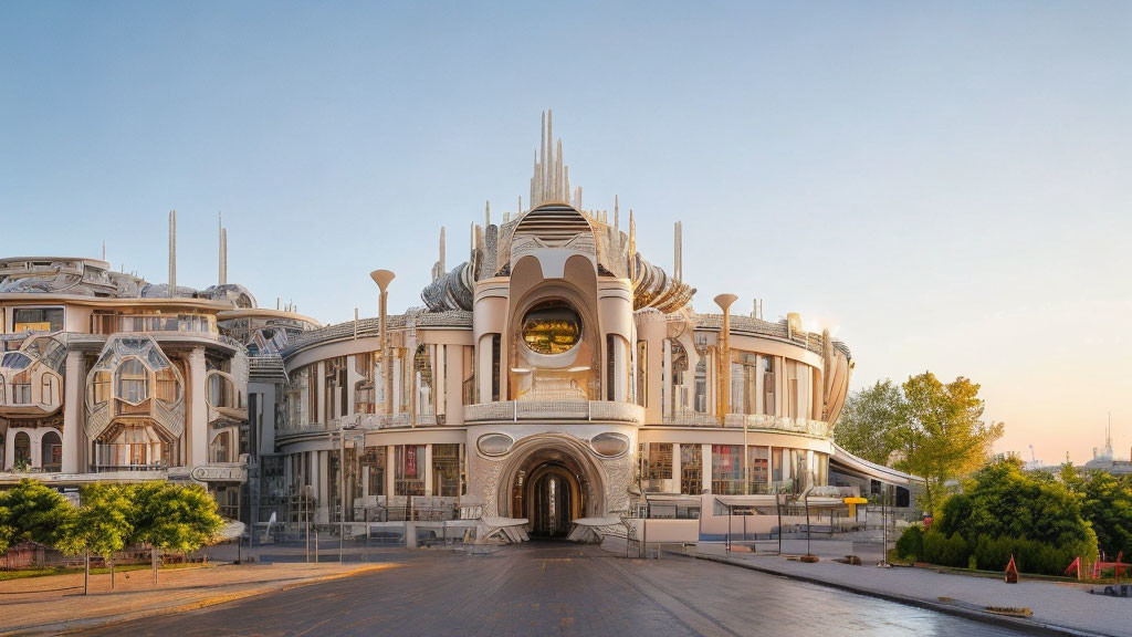 Futuristic building with white spires and ornate details at sunset