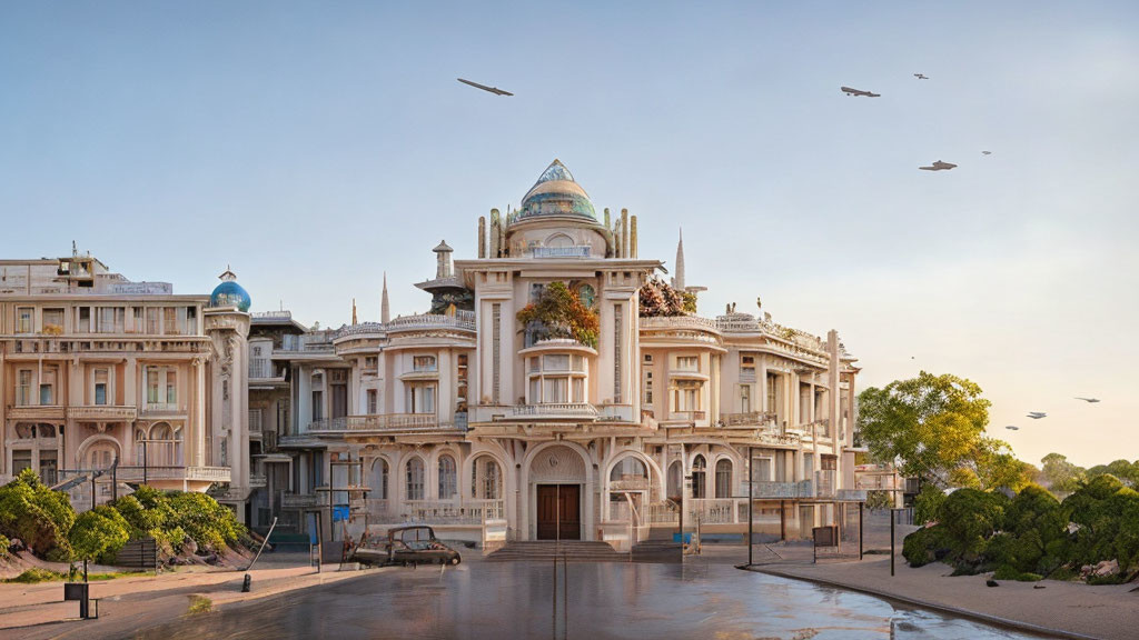 Neoclassical building with dome, elegant structures, birds in sky at dawn or dusk