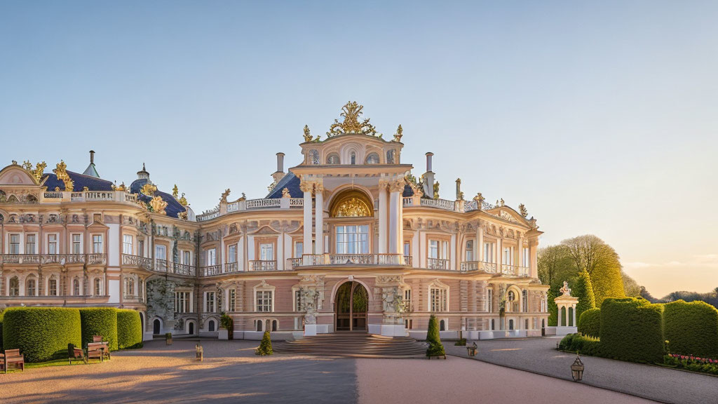 Baroque palace with ornate decorations at sunset