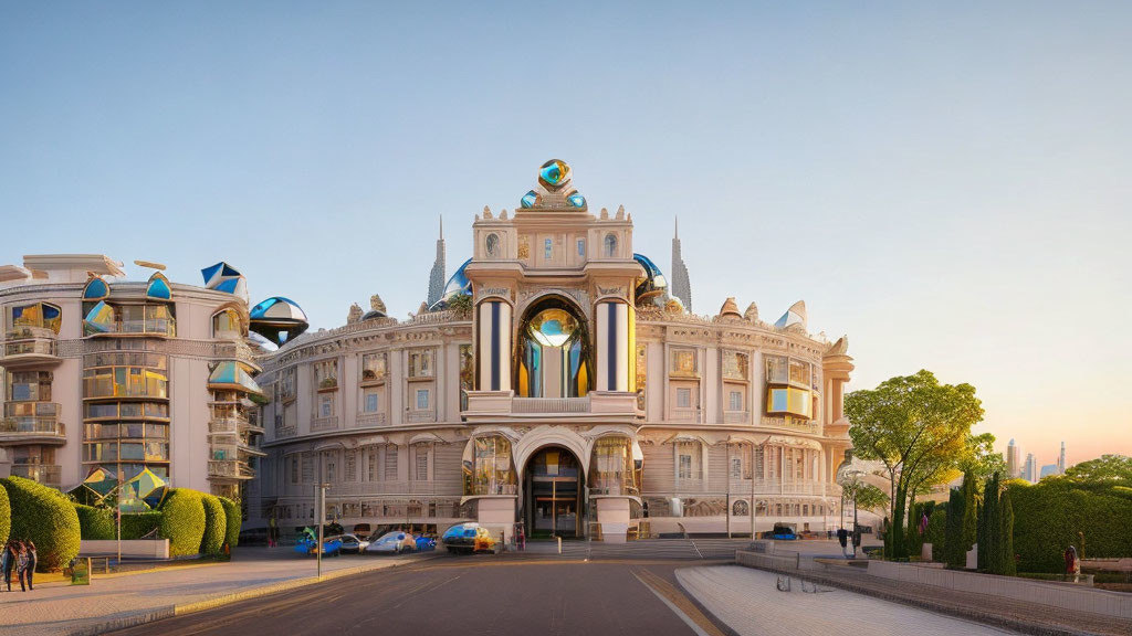 Neoclassical Building with Modern Elements and Whimsical Rooftop Sculptures