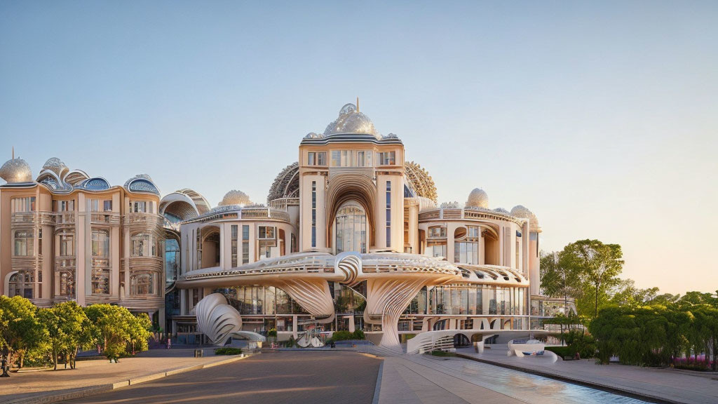 Ornate classical architecture with central dome, curved balconies, and futuristic bridge.