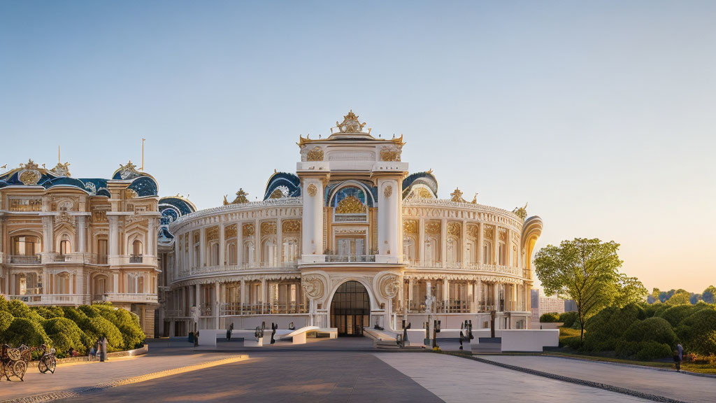 Historical white and blue building with ornate architectural details at dusk.