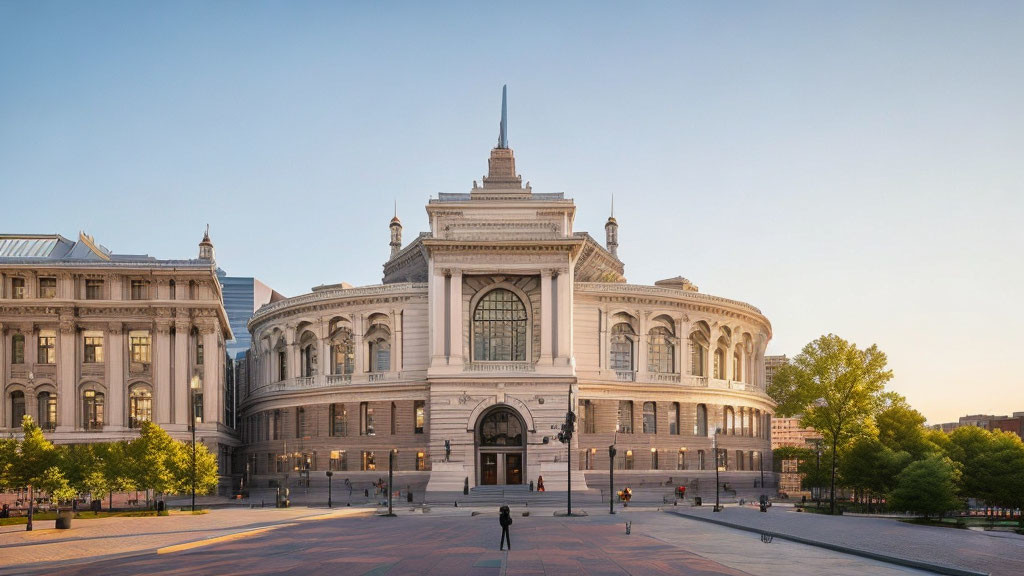 Neoclassical building with arched entrance, columns, and central spire at dusk