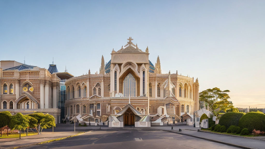 Gothic Cathedral with Pointed Arches and Facade Details at Sunrise