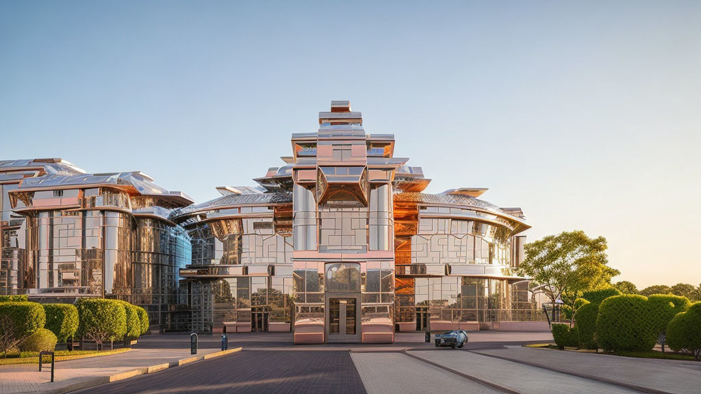 Architectural complex with reflective glass facades and copper-tone panels at sunrise or sunset