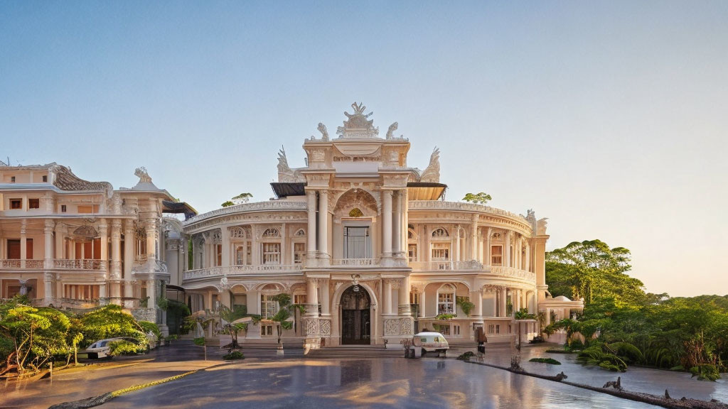 Opulent neoclassical mansion in early sunlight with lush greenery