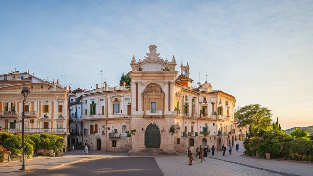 Baroque architecture building with people and trees under clear sky at dusk